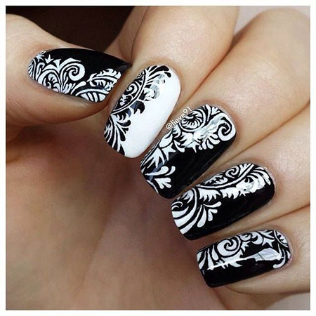 Floral Art Nail Design, Nail White Black Art