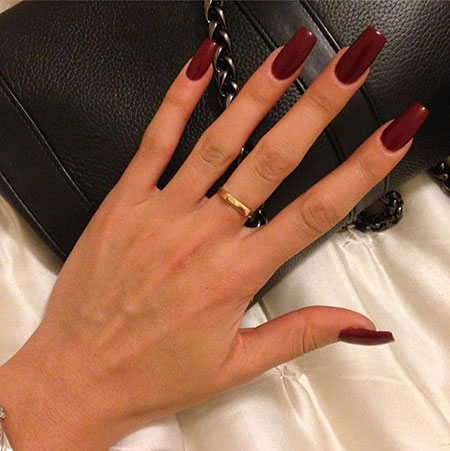 Very Long Square Nails, Red Dark Coffin Acrylic